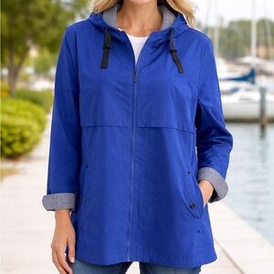 Gallery NY Woman’s Rain Jacket Size 2X Blue Zip Front Gingham Packable NWT $120